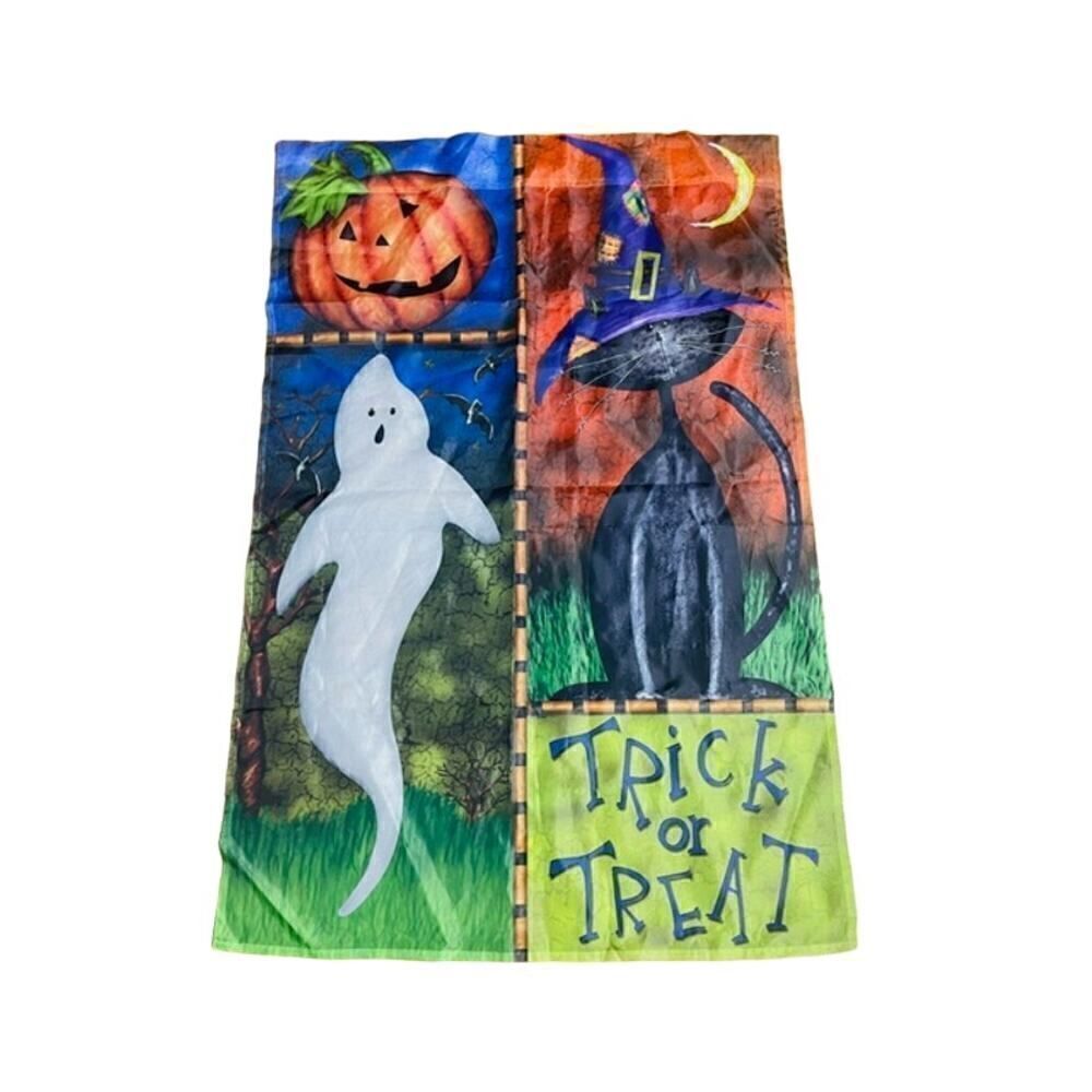 Vintage Halloween Trick or Treat Ghost Black Cat Pumpkin Flag 25" x 38"